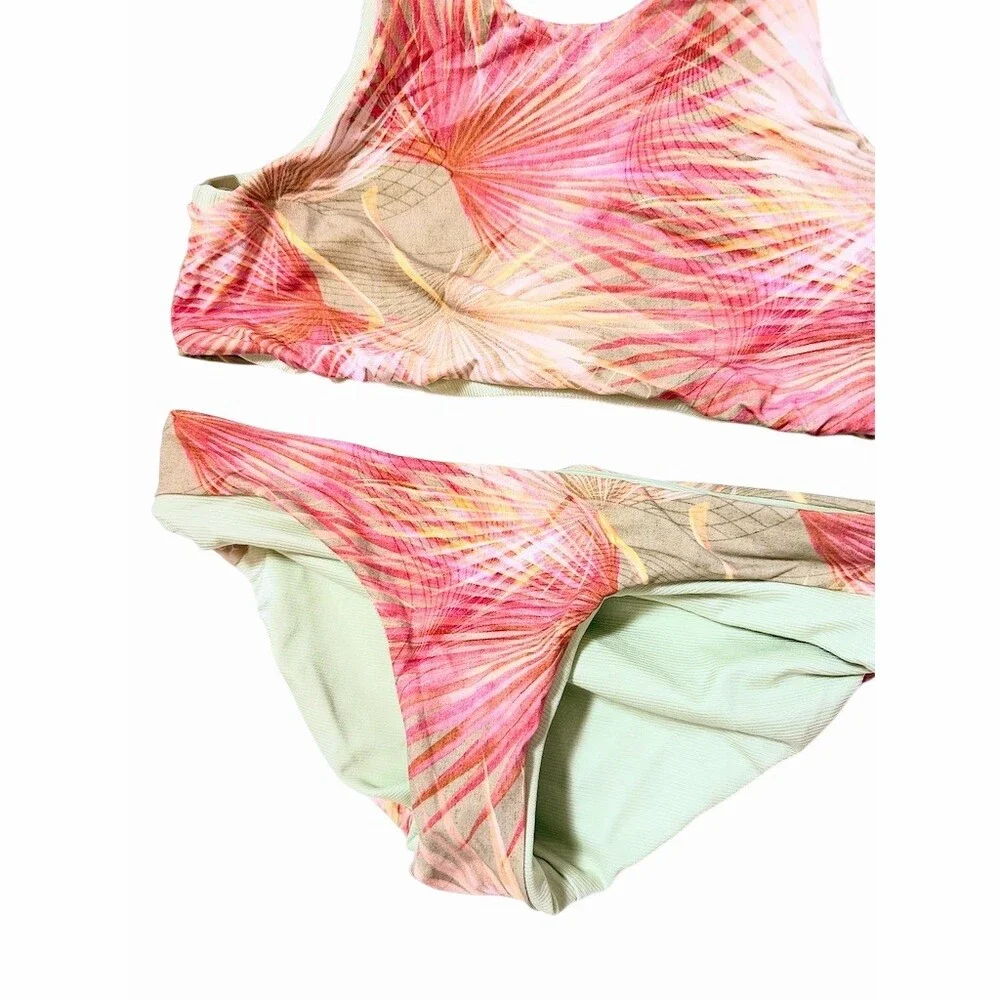 IMSY Girls Reversible Bikini Set 8 | Mint Green & Tropical Palm Print